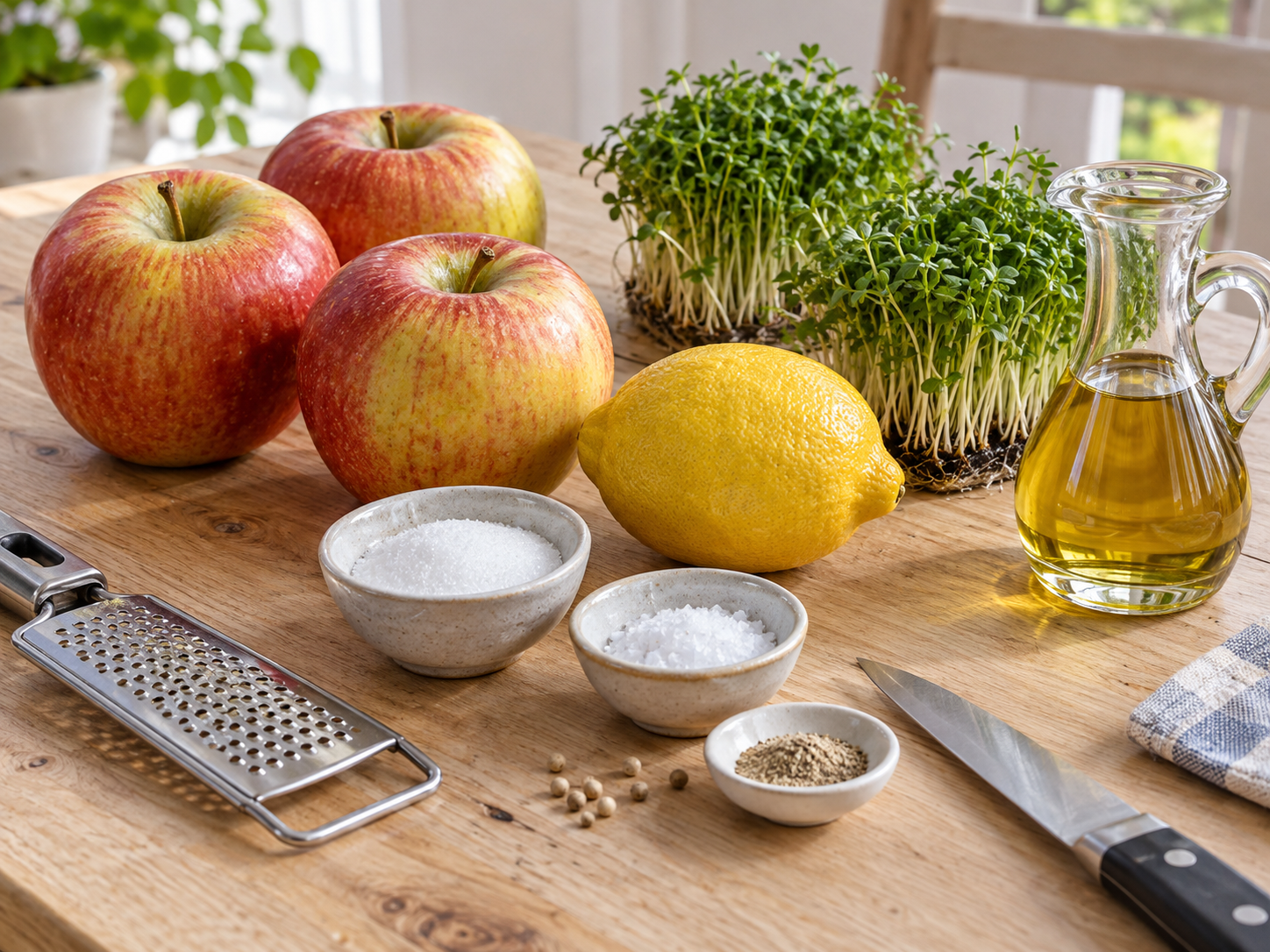 Äpfel, Gartenkresse, Zitrone und Dressingzutaten auf hellem Holz