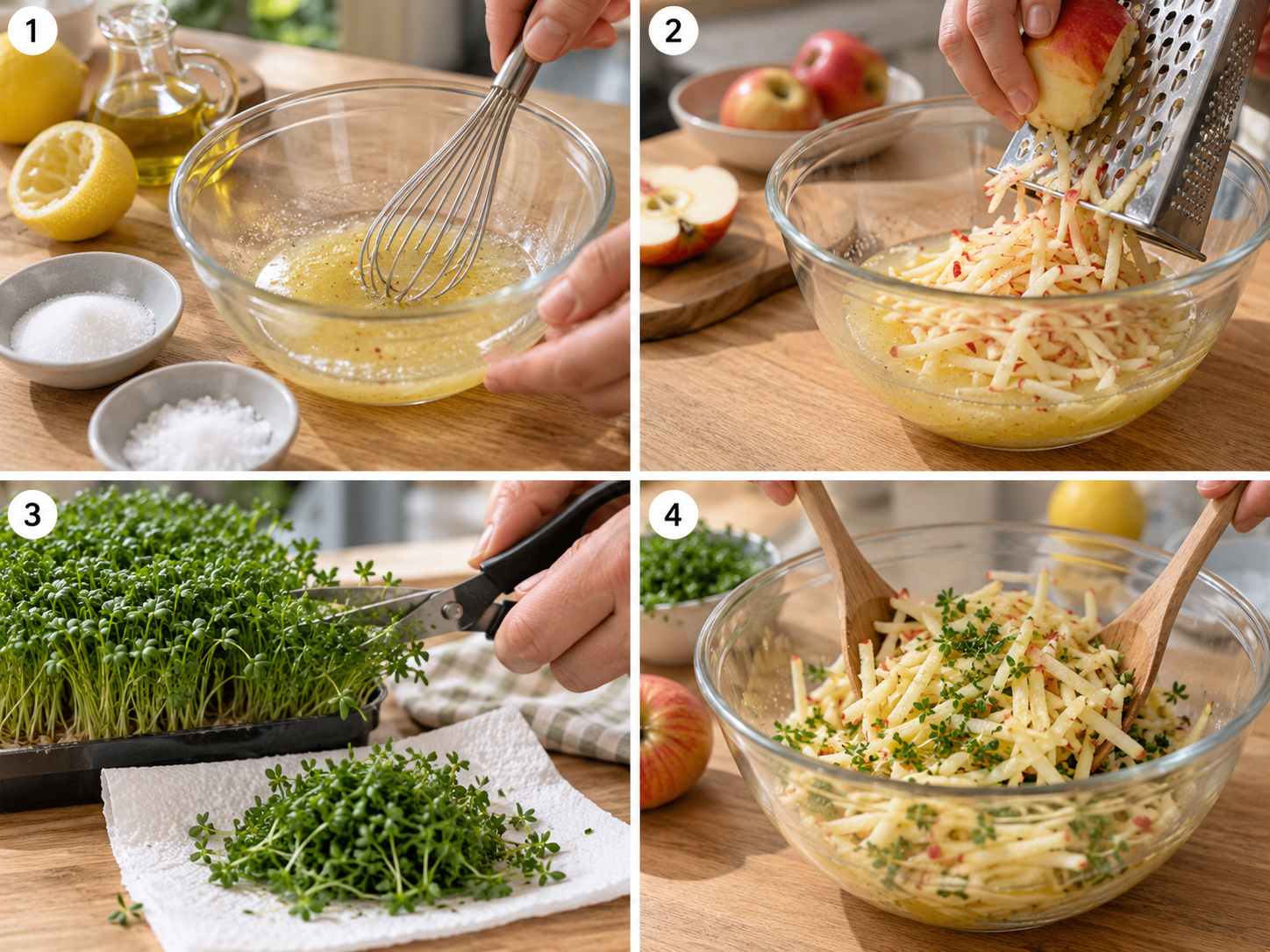 Vier Schritte für Apfelsalat mit Zitronendressing und Gartenkresse