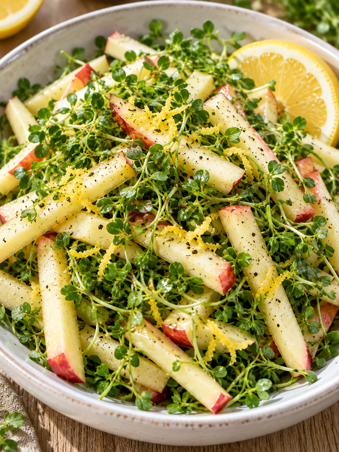 Frischer Apfelsalat mit Gartenkresse und Zitrone in weißer Schale