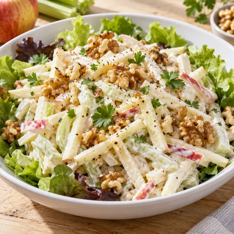 Apfelsalat mit Sellerie, Walnüssen und cremigem Mayonnaise-Dressing