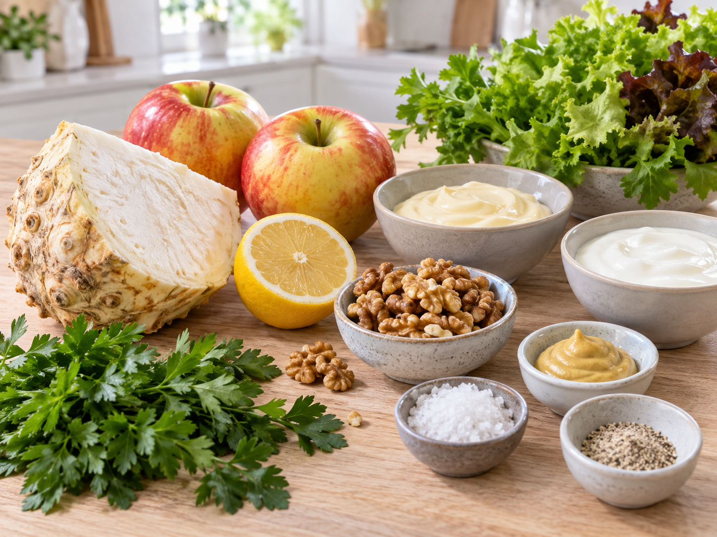 Zutaten für Apfelsalat mit Sellerie, Walnüssen, Zitrone und Mayonnaise