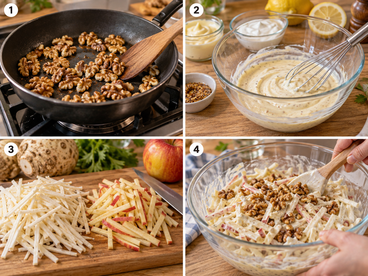 Vier Schritte für Apfelsalat mit Sellerie, Dressing und gerösteten Walnüssen