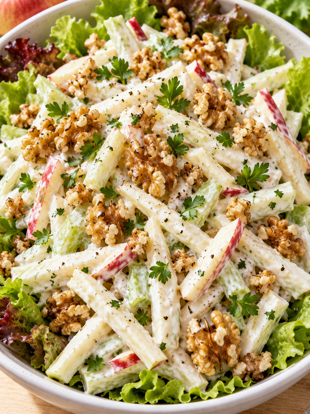 Cremiger Apfelsalat mit Sellerie und Walnüssen in einer hellen Schale