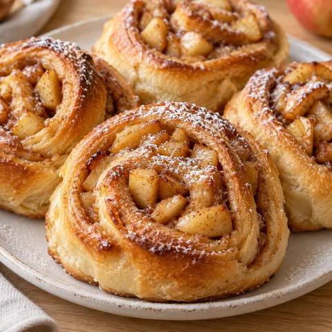 Goldbraune Apfelschnecken mit Zimt, Apfelstückchen und Puderzucker
