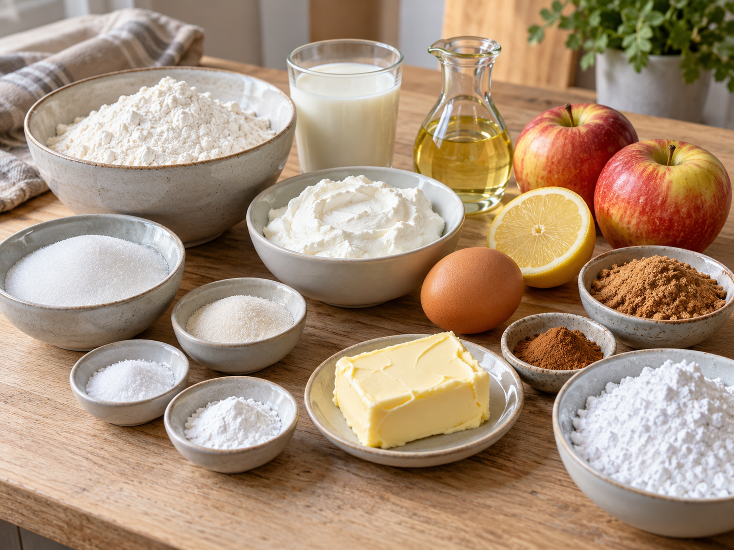 Zutaten für Apfelschnecken ohne Hefe mit Äpfeln, Quark, Zimt und Mehl