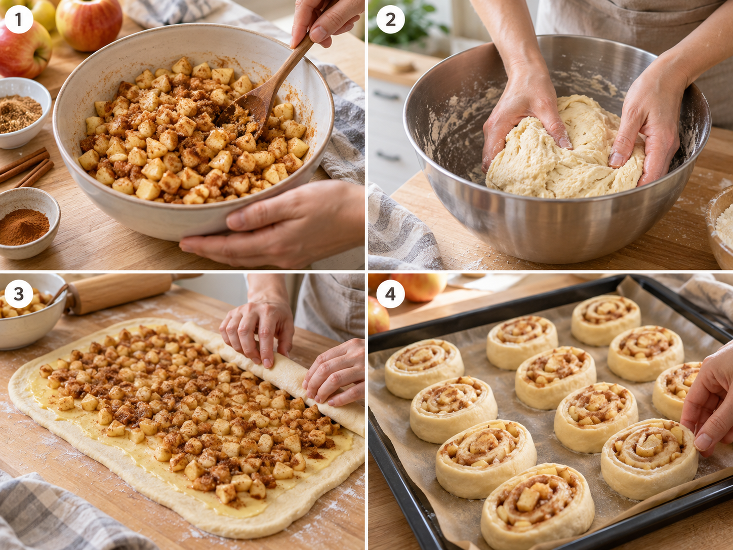 Vier Schritte für Apfelschnecken vom Apfelmischen bis zum Backblech