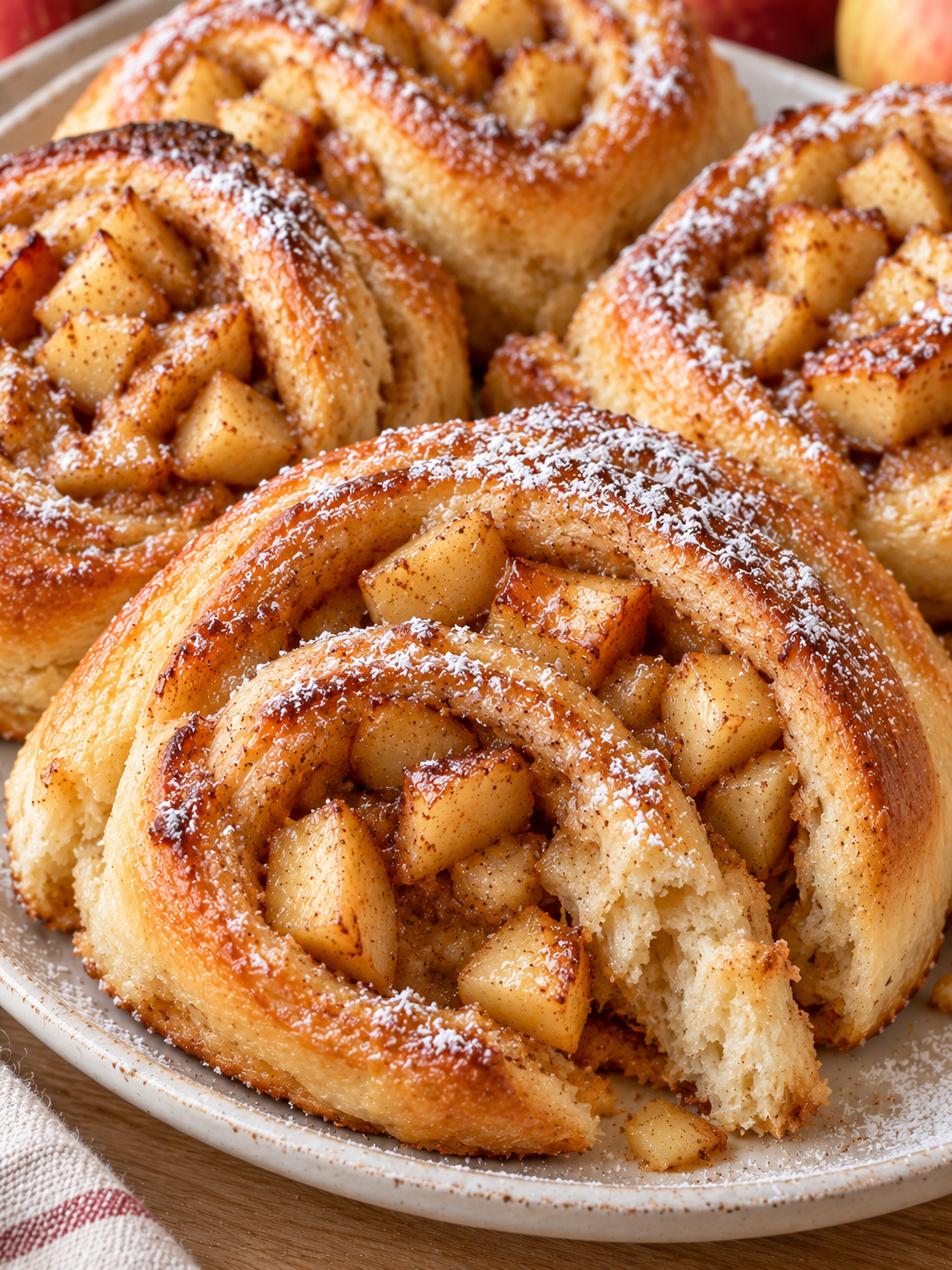 Apfelschnecken ohne Hefe mit Puderzucker und sichtbarer Apfelfüllung