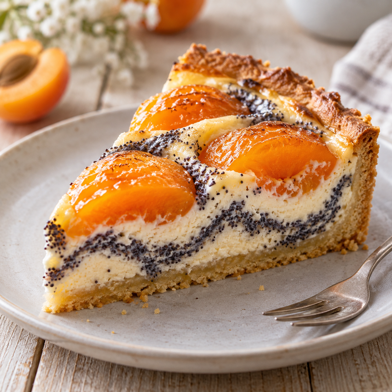 Aprikosenkuchen mit Mohn, Quarkcreme und glänzenden Aprikosen