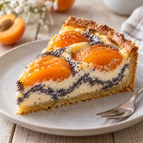 Aprikosenkuchen mit Mohn, Quarkcreme und glänzenden Aprikosen