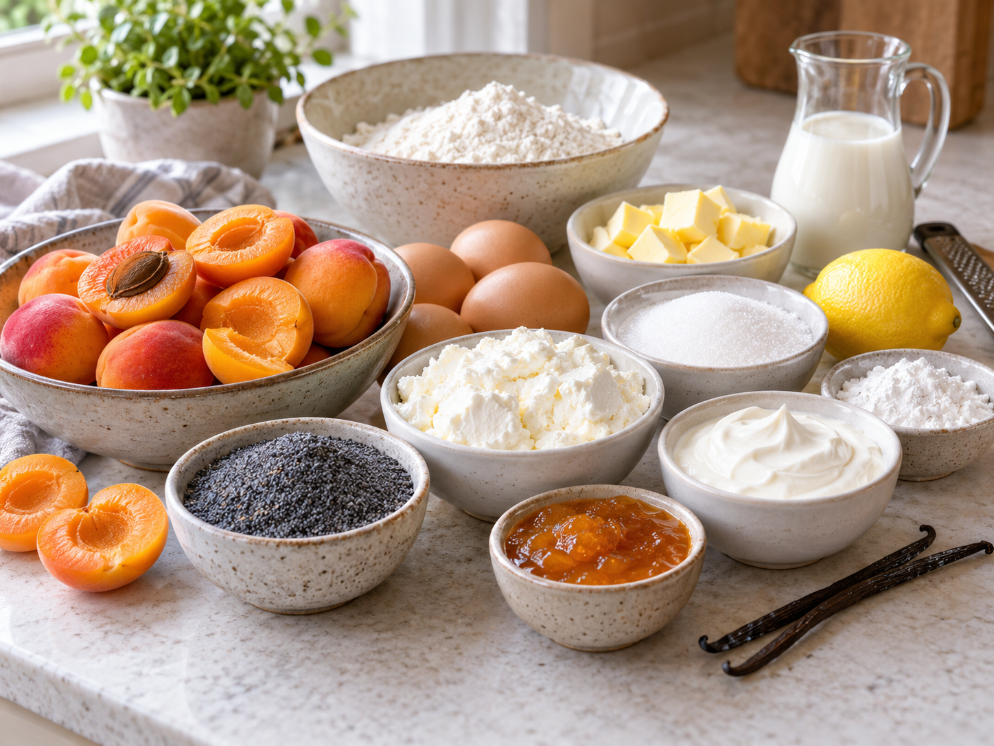 Zutaten für Aprikosenkuchen mit Mohn und Quark auf heller Arbeitsfläche