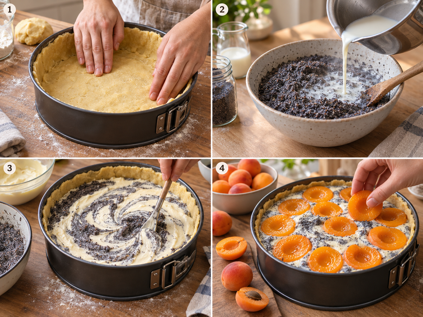 Vier Schritte für Aprikosenkuchen mit Mohn, Quark und Aprikosen