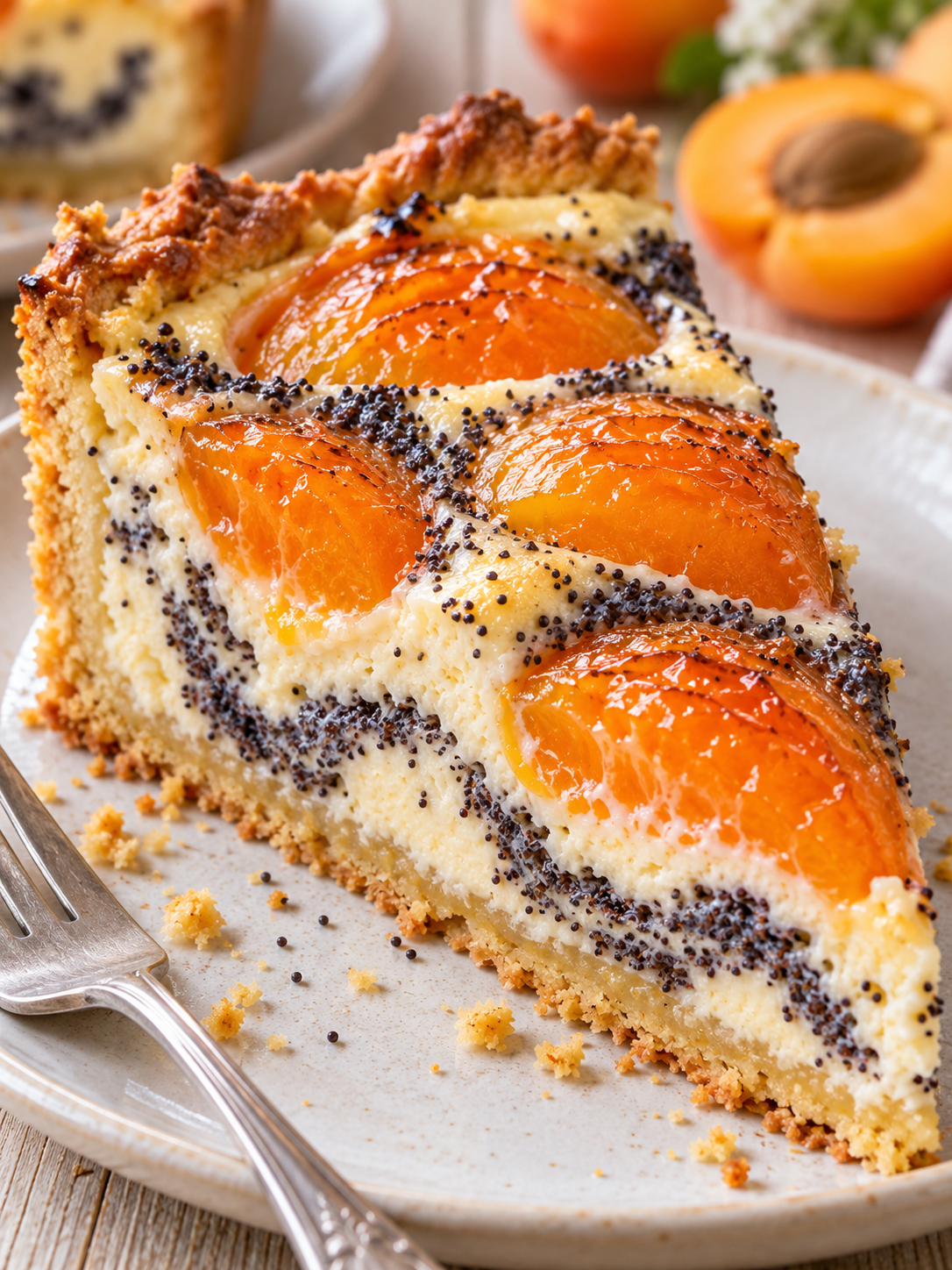 Saftiges Stück Aprikosenkuchen mit Mohnschlieren und Quarkcreme
