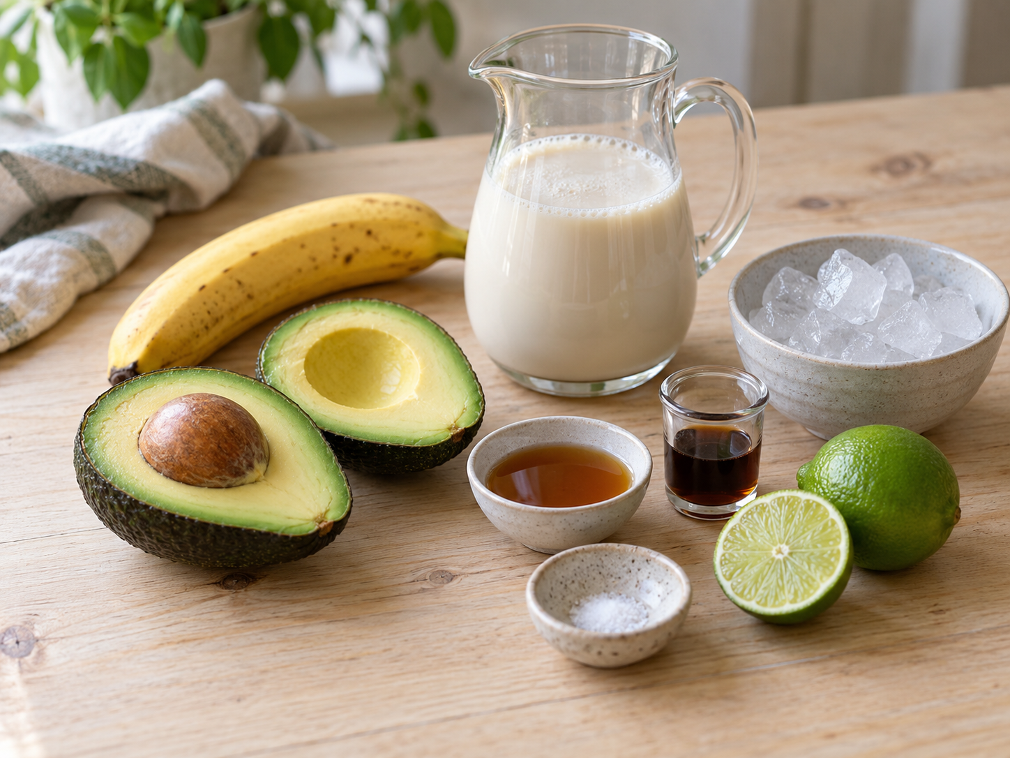 Zutaten für Avocado-Bananen-Smoothie mit Avocado, Banane und Limette