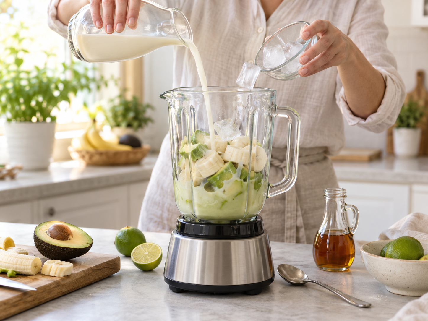 Avocado, Banane und Sojadrink werden im Mixer vorbereitet