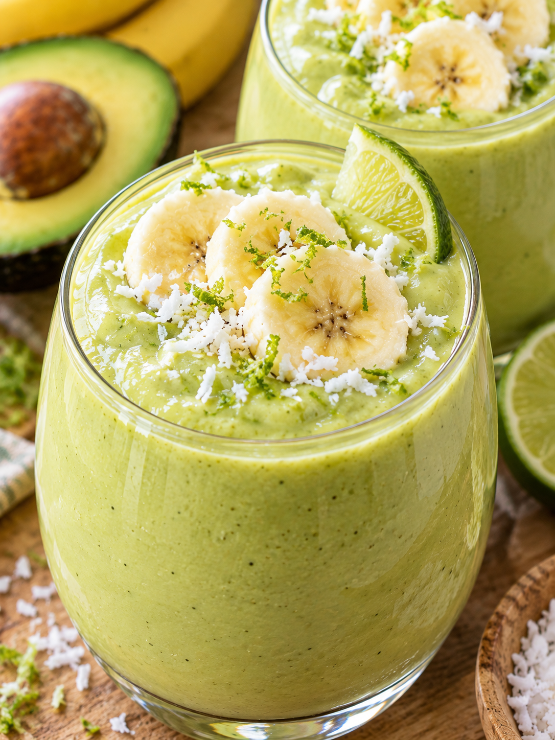 Avocado-Bananen-Smoothie mit Bananenscheiben und Limette