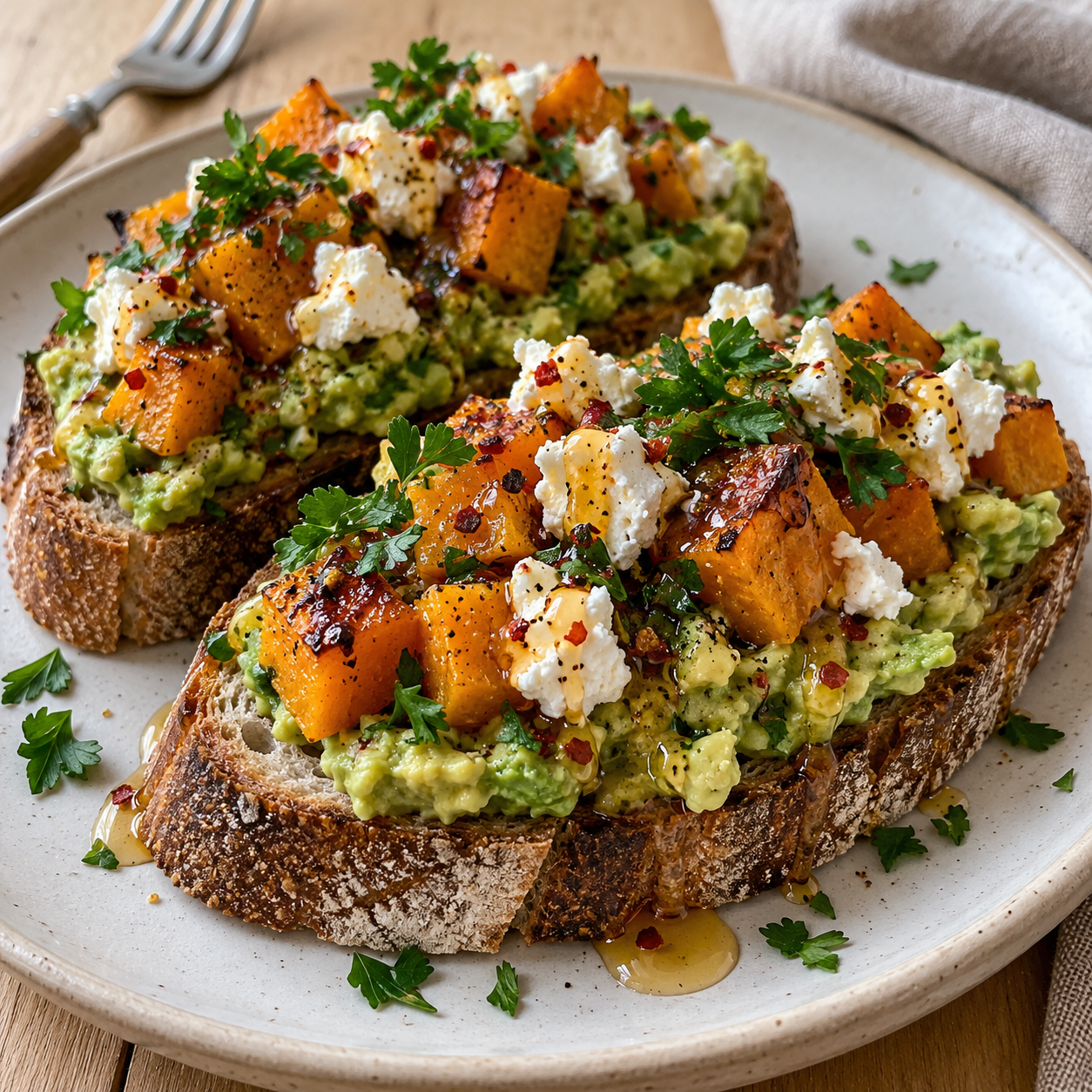 Avocado-Toast mit gerösteten Kürbiswürfeln, Fetacreme, Petersilie und Chili-Honig