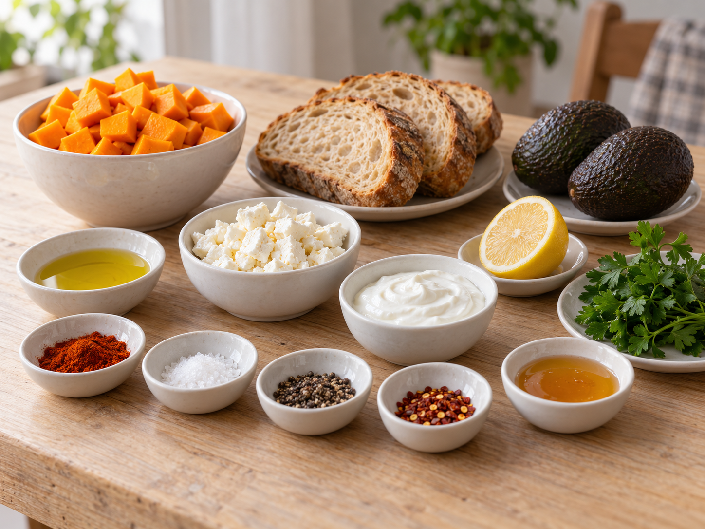 Kürbis, Avocados, Sauerteigbrot, Feta, Joghurt und Gewürze für vier belegte Toasts
