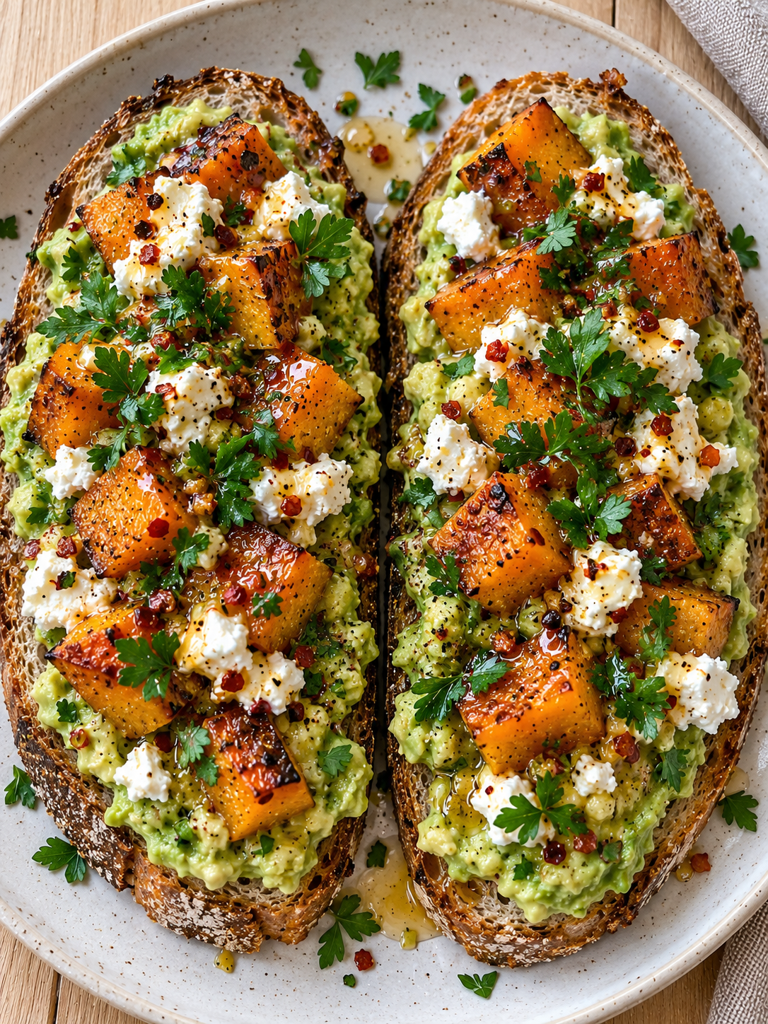 Knusprige Kürbis-Avocado-Toasts mit Fetacreme, Petersilie und glänzendem Chili-Honig