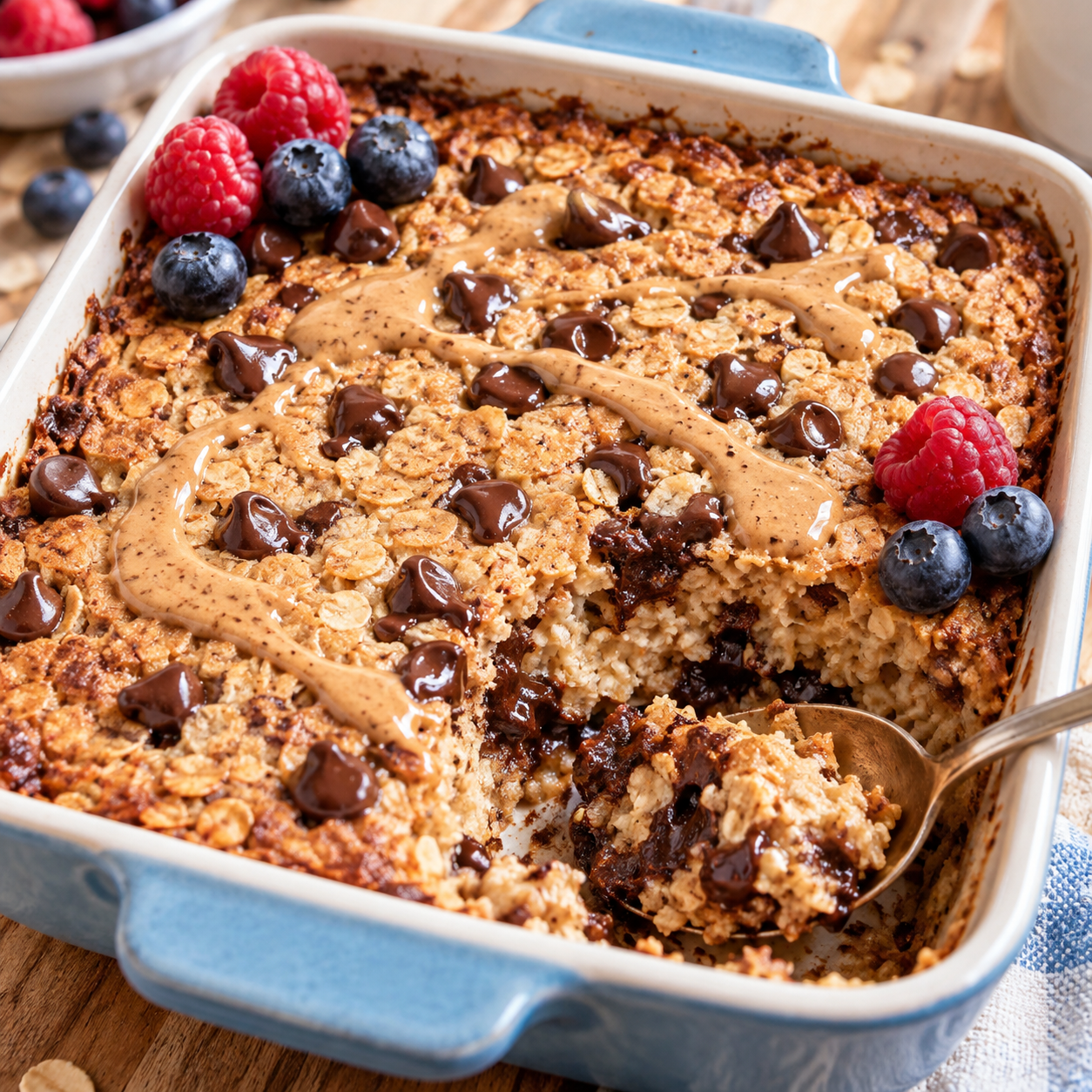 Baked Oats ohne Banane mit Schokolade, Mandelmus und Beeren