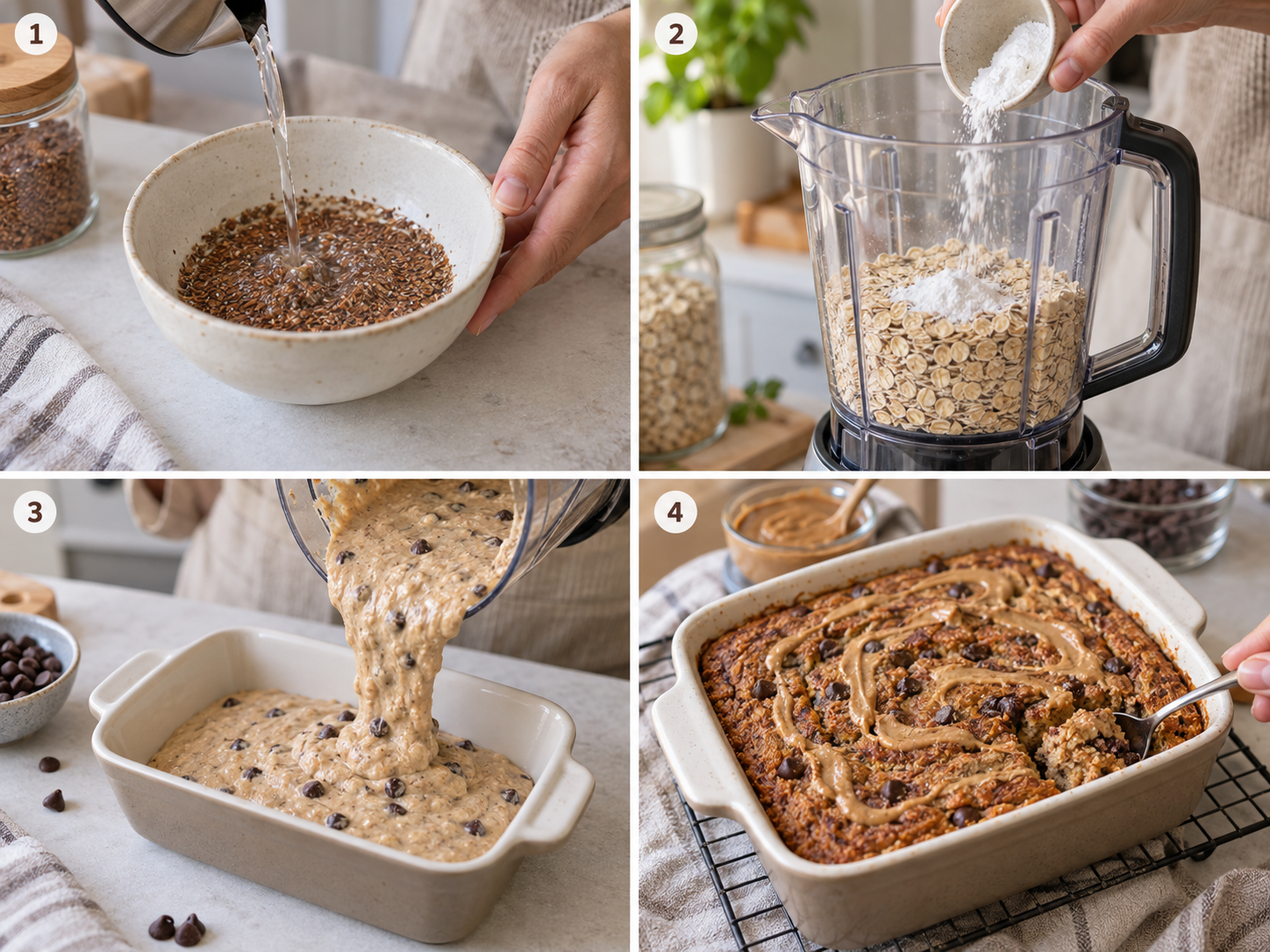 Vier Schritte für Baked Oats ohne Banane vom Mixen bis zum Backen