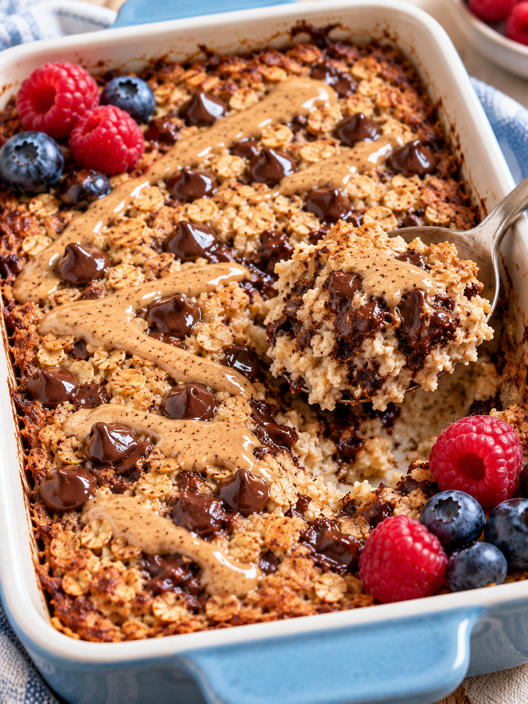 Warme Baked Oats ohne Banane mit Schokolade und Mandelmus