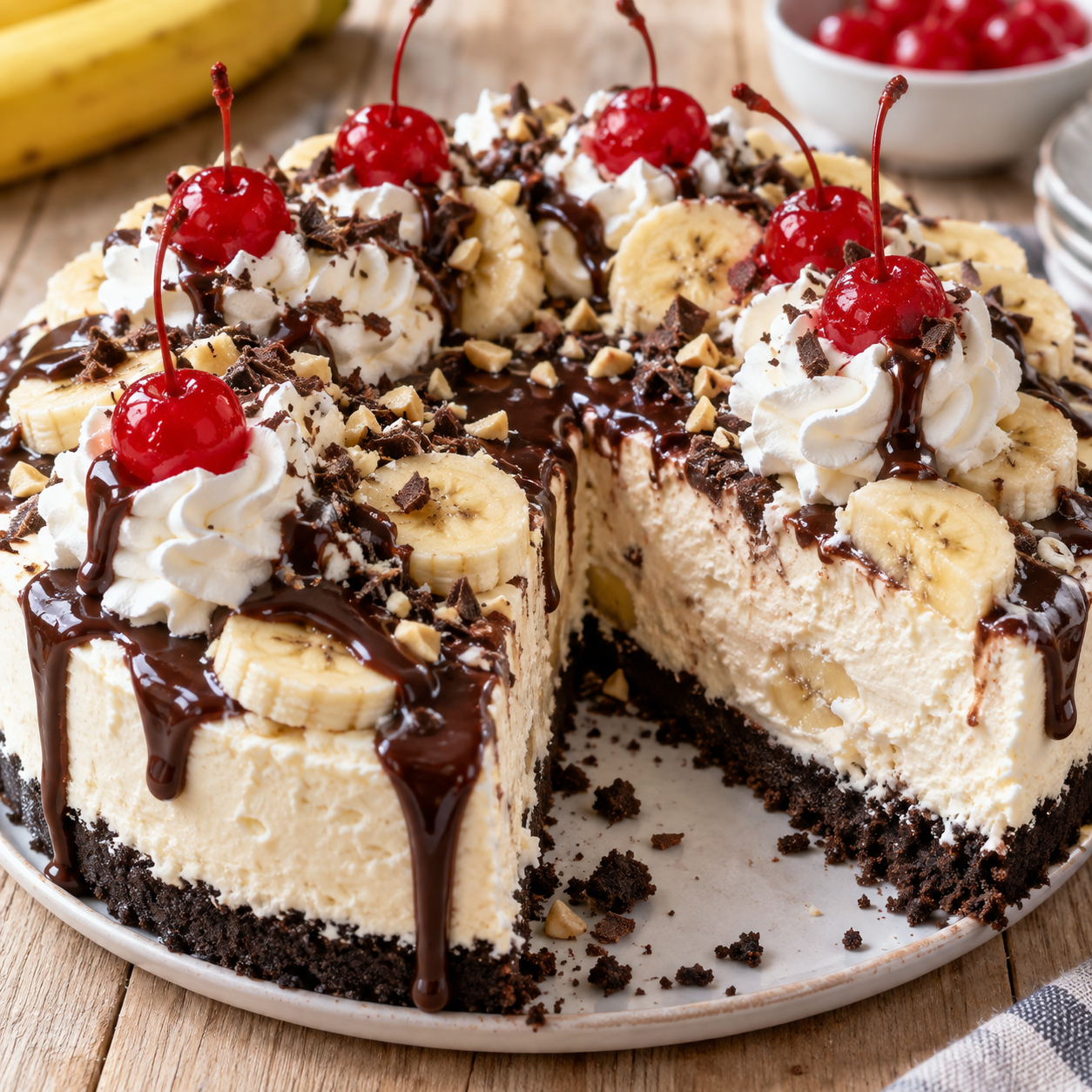 Banana-Split-Käsekuchen mit Bananen, Kirschen, Sahne und Schokosauce