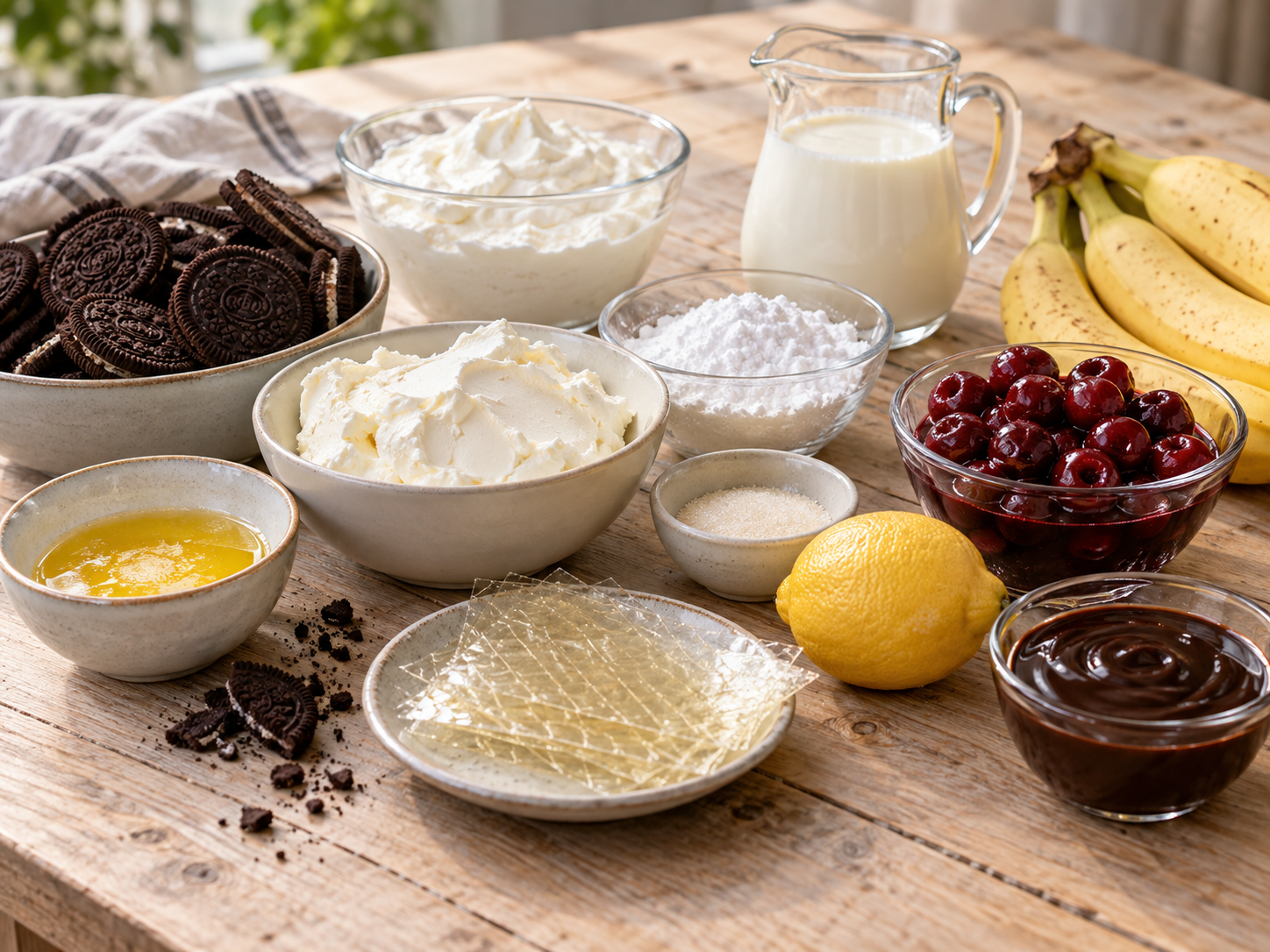 Zutaten für Banana-Split-Käsekuchen ohne Backen mit Bananen und Kirschen
