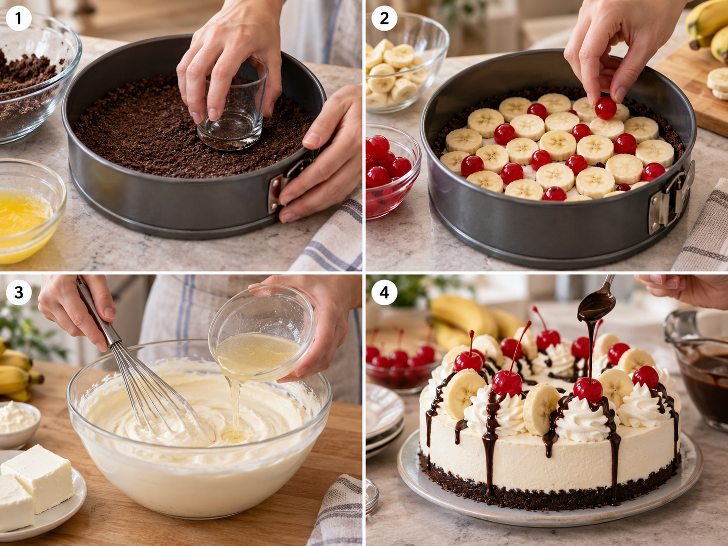 Vier Schritte für Banana-Split-Käsekuchen vom Keksboden bis zum Dekor