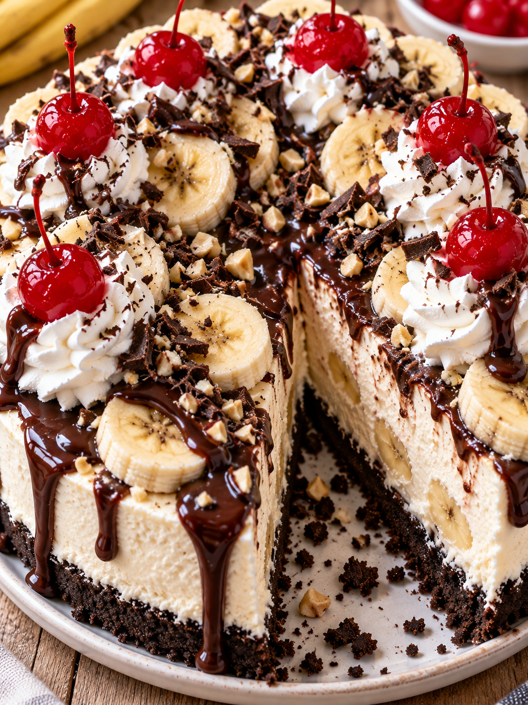 Banana-Split-Käsekuchen mit Sahnetupfen, Bananen und Kirschen