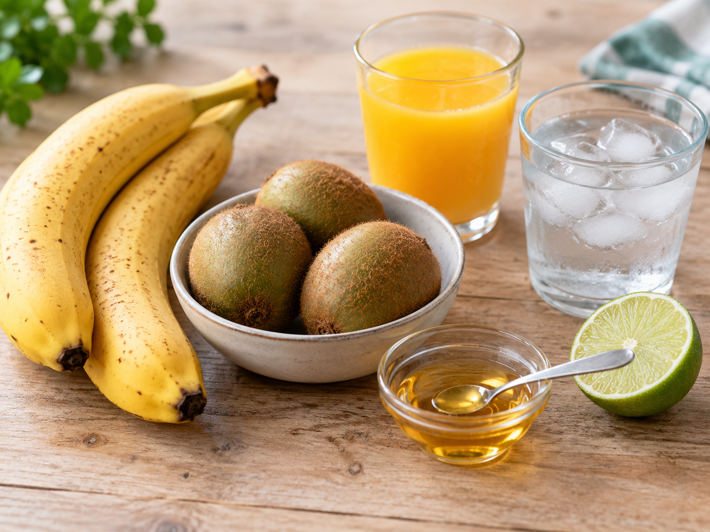 Zutaten für Bananen-Kiwi-Smoothie mit Banane, Kiwi und Orangensaft