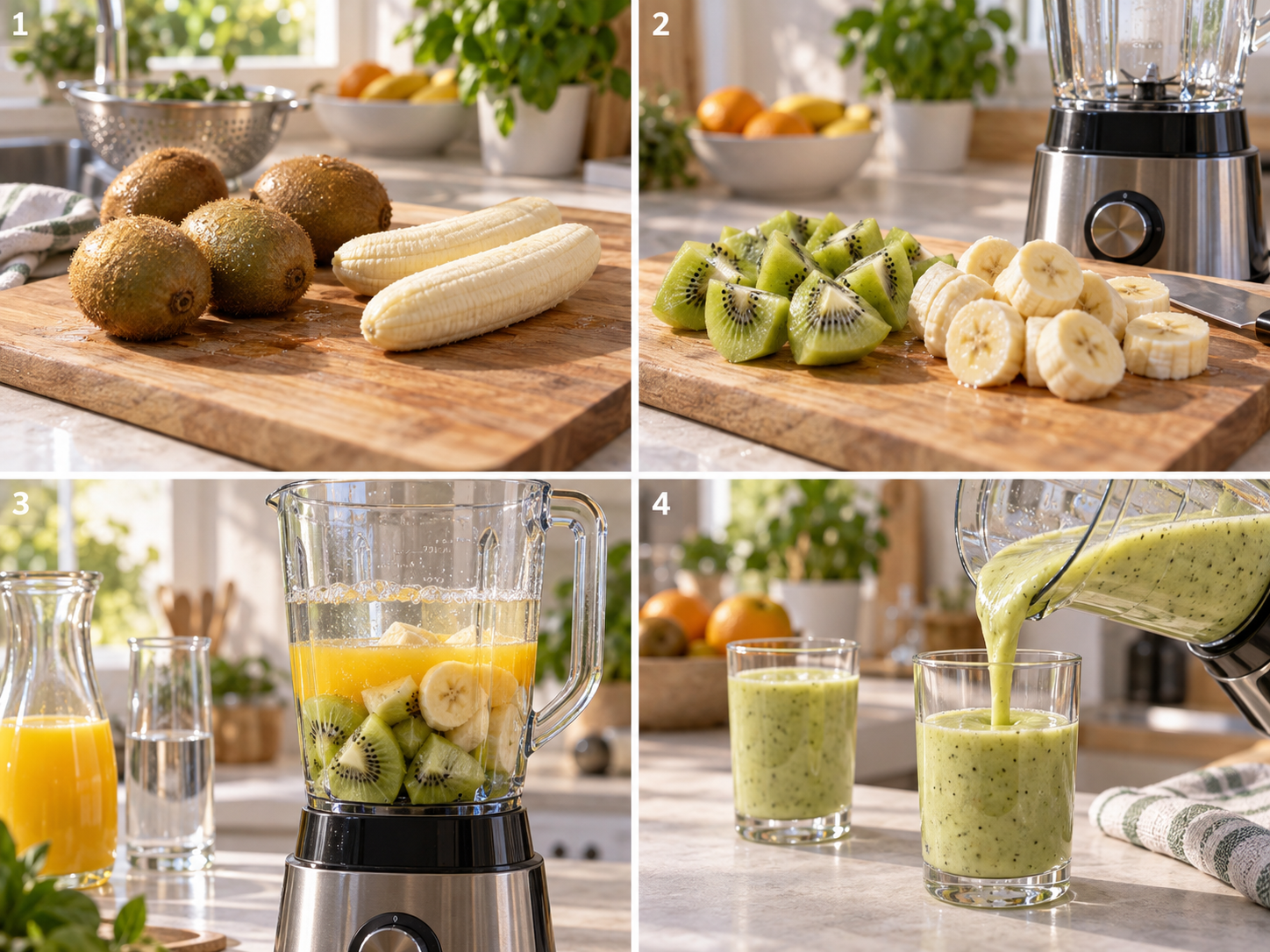 Vier Schritte für Bananen-Kiwi-Smoothie vom Schneiden bis zum Eingießen