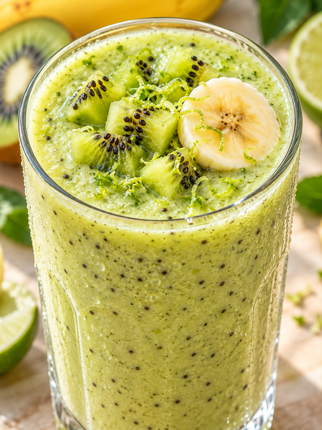 Cremiger Bananen-Kiwi-Smoothie mit Kiwiwürfeln und Bananenscheibe