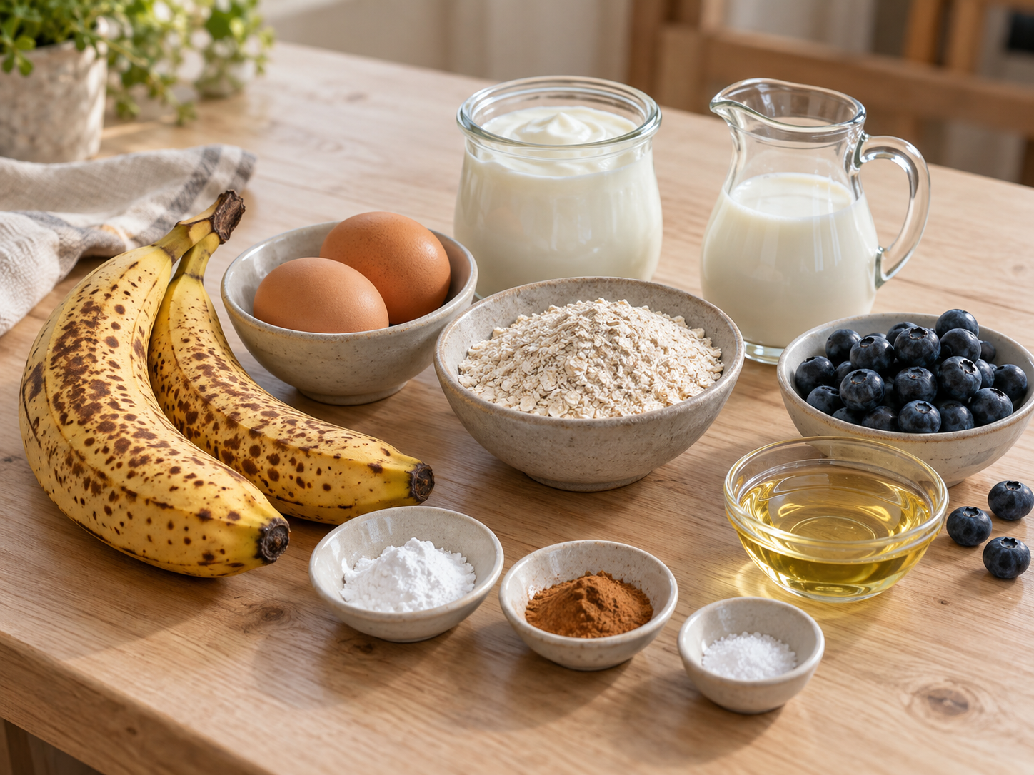 Zutaten für Bananen-Pfannküchlein mit Haferflocken, Eiern und Joghurt