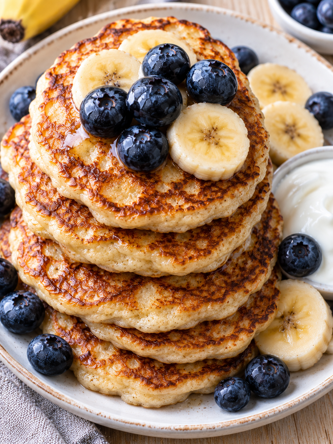 Goldbraune Bananen-Pfannküchlein mit Heidelbeeren und Naturjoghurt