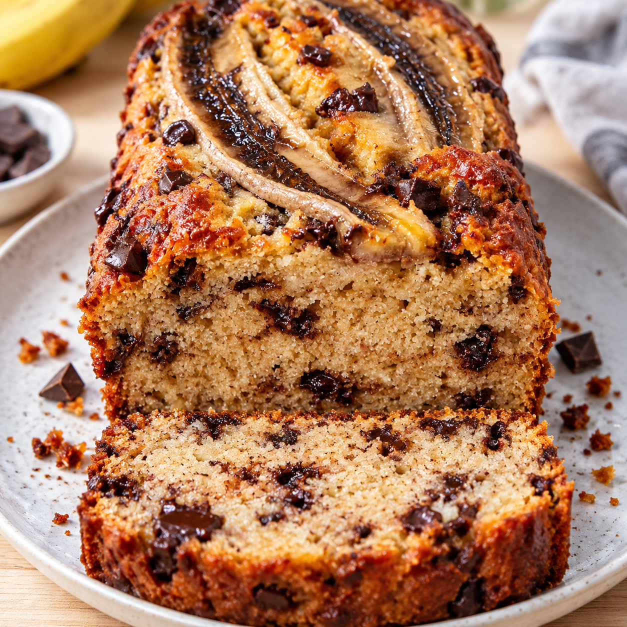 Bananenbrot mit Schokolade und karamellisierter Banane auf hellem Teller