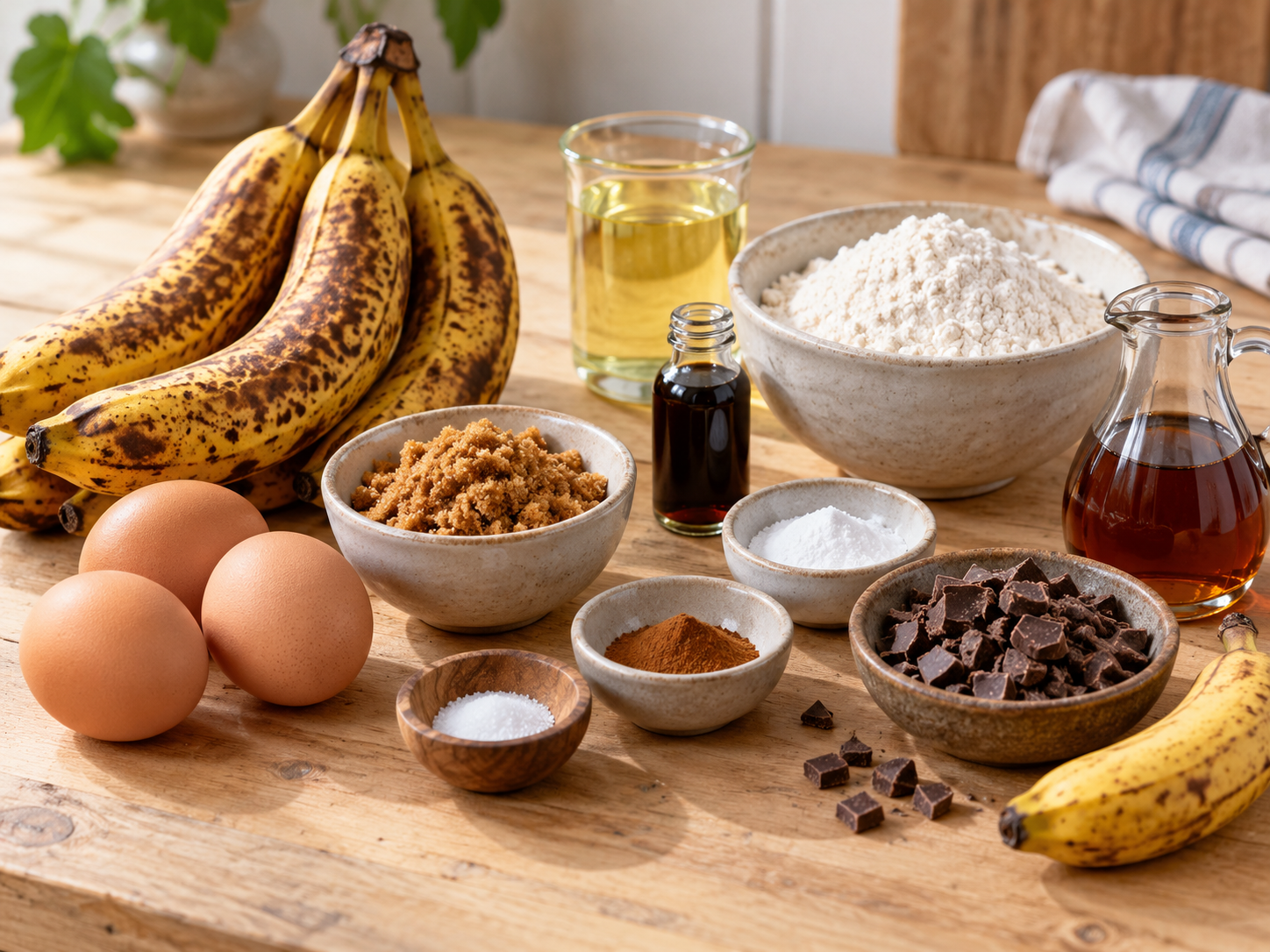 Zutaten für Bananenbrot mit Schokolade auf heller Holzfläche