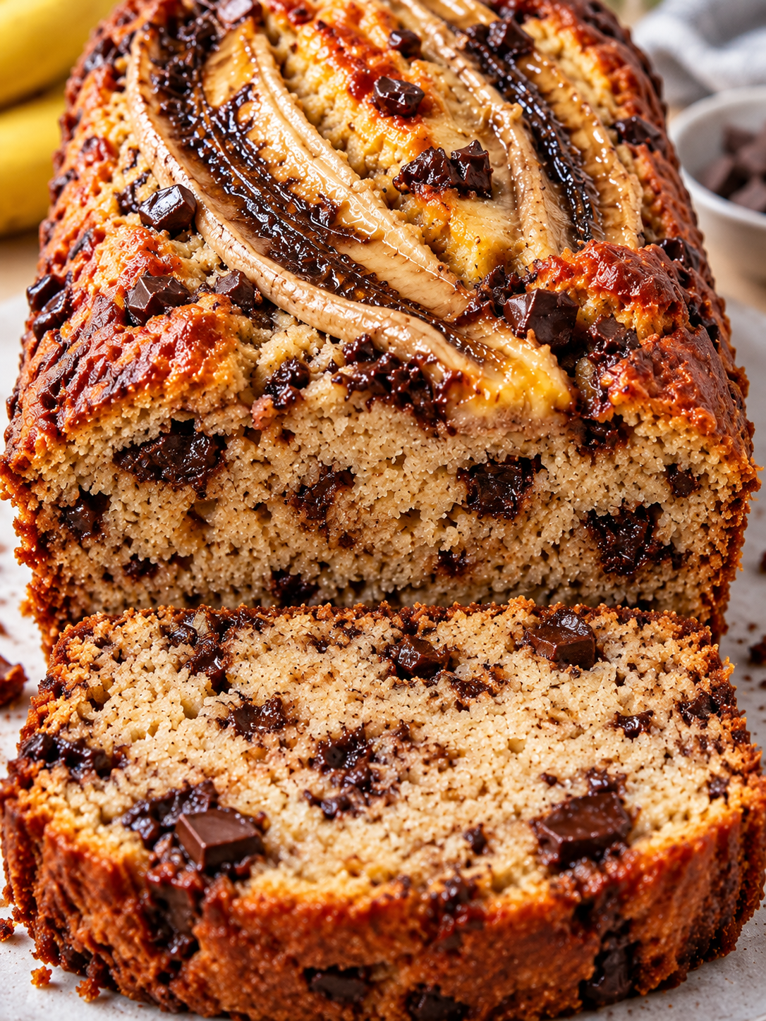 Saftige Scheibe Bananenbrot mit Schokolade vor dem angeschnittenen Laib