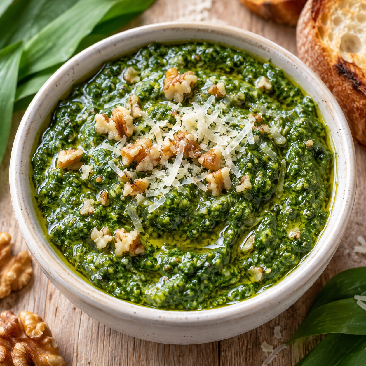 Cremiges Bärlauchpesto mit Parmesan und Walnüssen in einer hellen Schale