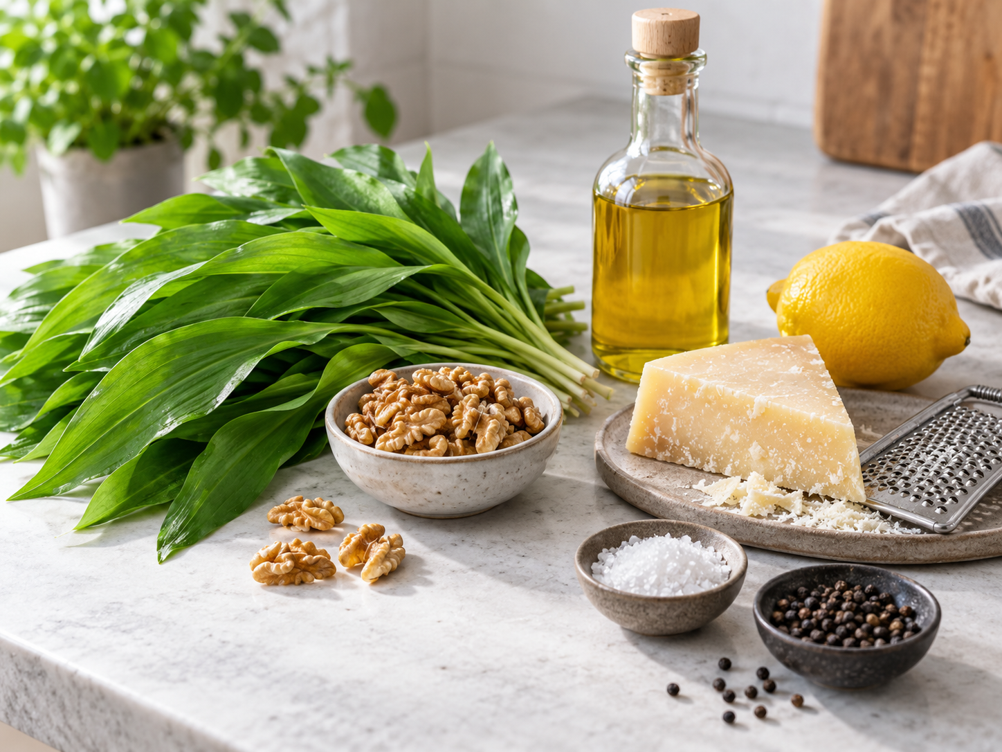 Zutaten für Bärlauchpesto mit Walnüssen, Parmesan, Öl und Zitrone