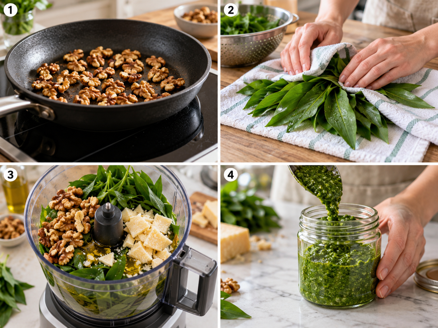 Vier Schritte beim Zubereiten von Bärlauchpesto vom Rösten bis zum Abfüllen