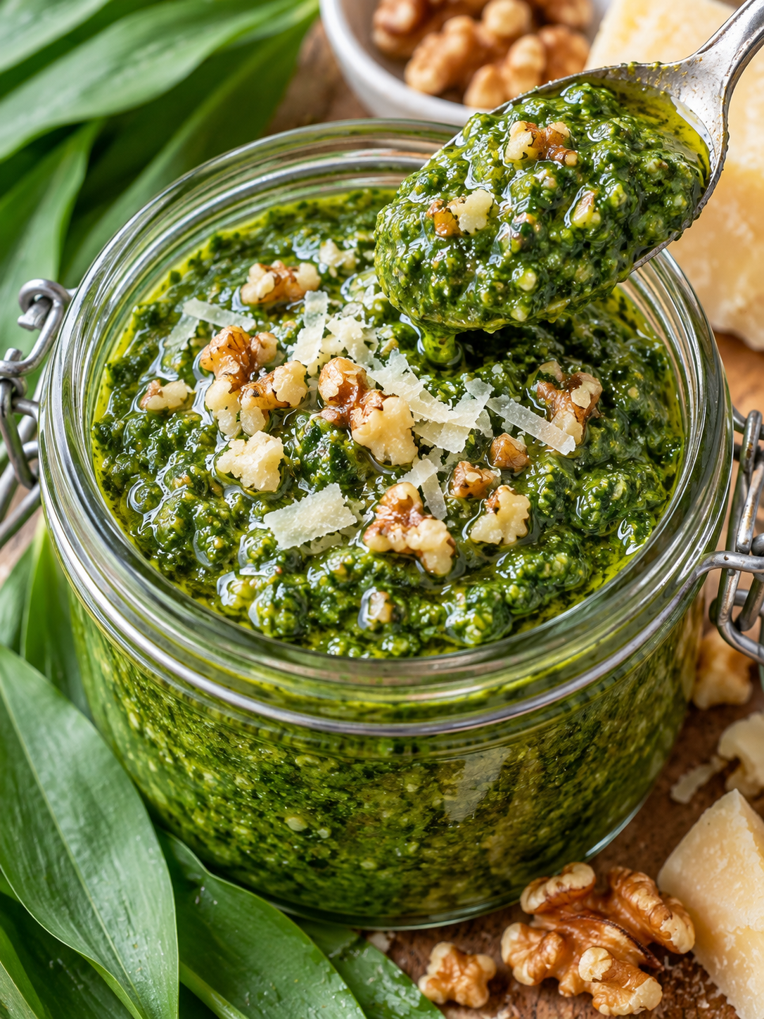 Grünes Bärlauchpesto im Glas mit Löffel, Parmesan und Walnüssen