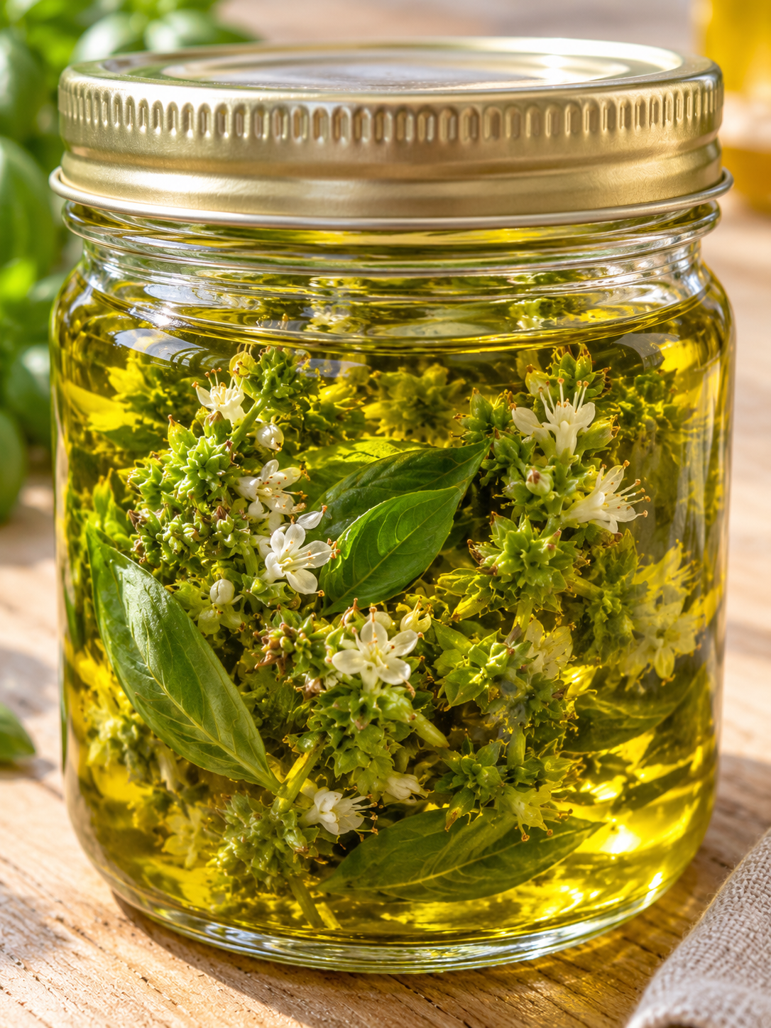 Goldgelbes Basilikumblütenöl mit weißen Blüten und grünen Blättern im Glas