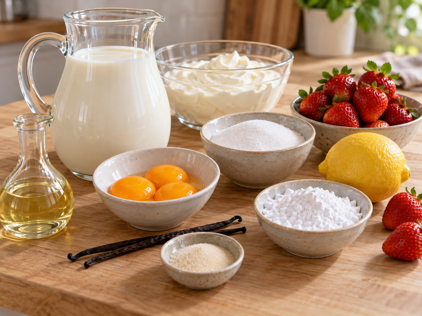 Zutaten für Bayerische Creme ohne Gelatine mit Erdbeeren und Vanille