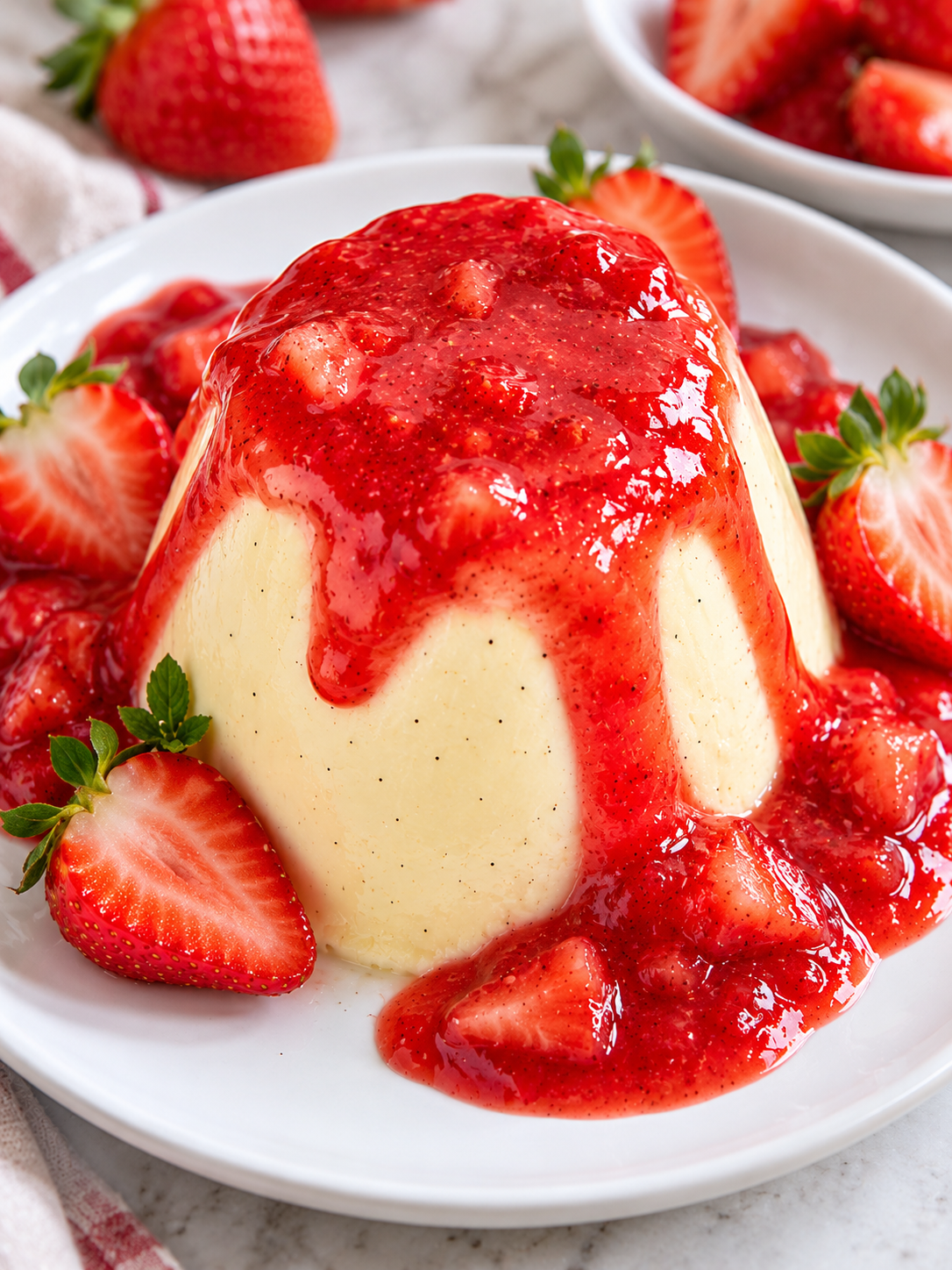 Bayerische Creme ohne Gelatine mit Erdbeersoße und frischen Erdbeeren