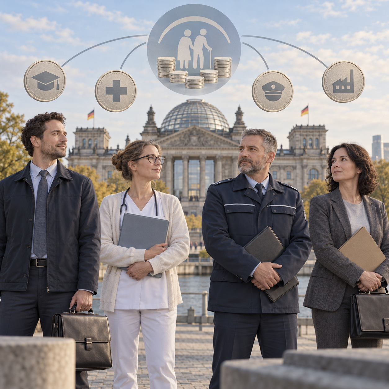 Illustration verschiedener Berufstätiger mit Aktentaschen vor dem Reichstagsgebäude.