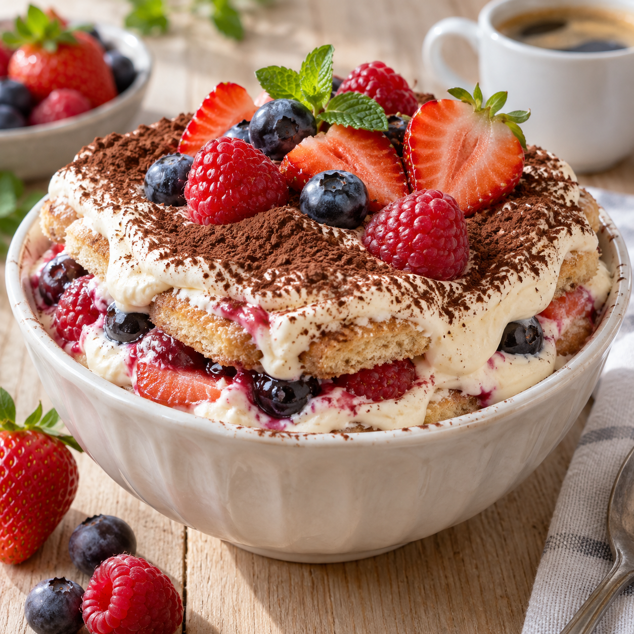 Beeren-Tiramisu mit Kakao, Himbeeren, Blaubeeren und Erdbeeren