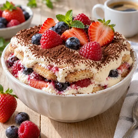Beeren-Tiramisu mit Kakao, Himbeeren, Blaubeeren und Erdbeeren