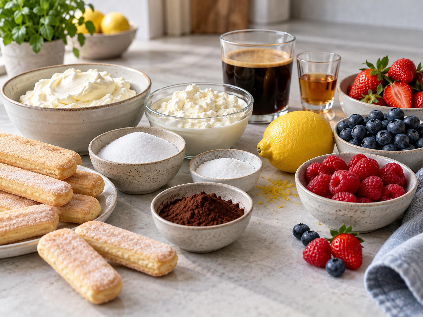 Zutaten für Beeren-Tiramisu mit Mascarpone, Beeren und Löffelbiskuits