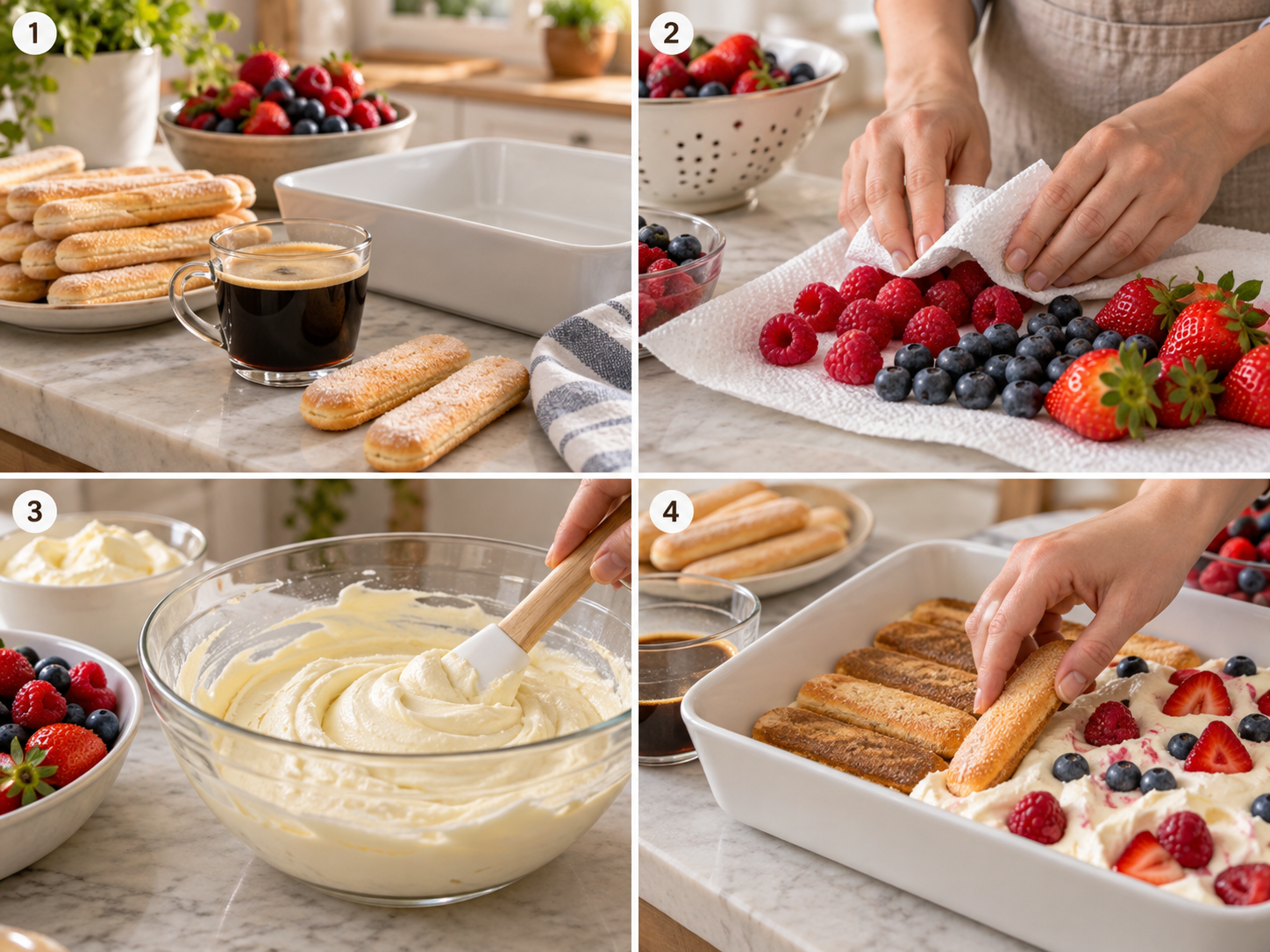 Vier Zubereitungsschritte für Beeren-Tiramisu in einer hellen Küche