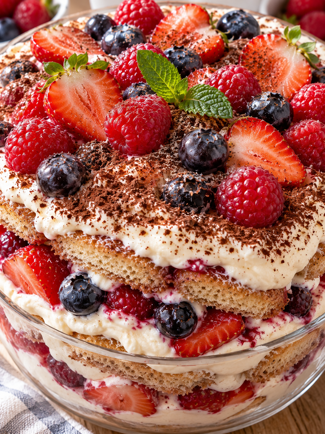 Cremiges Beeren-Tiramisu mit Kakao und frischen Sommerbeeren